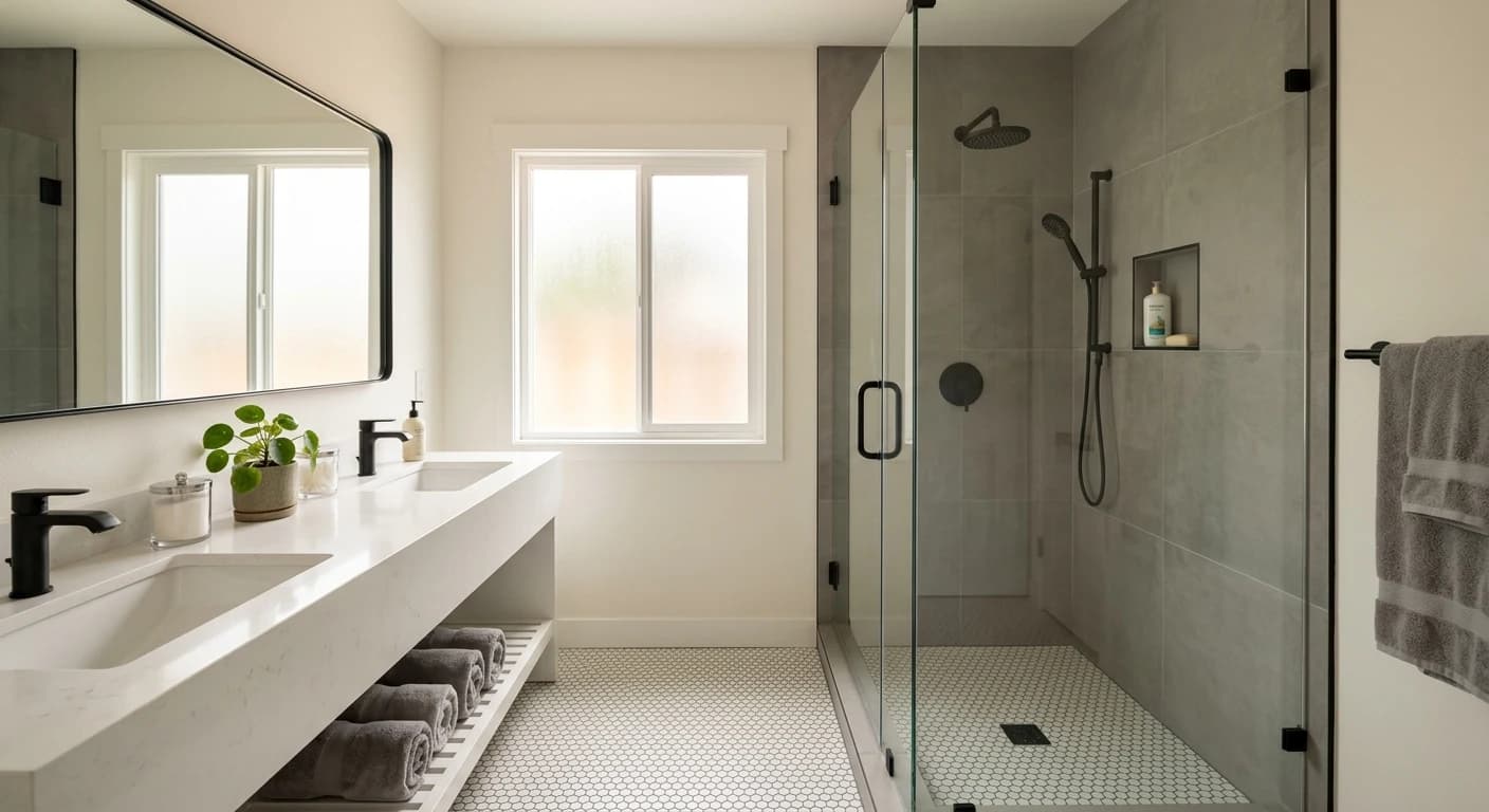 Completed luxury bathroom remodel in San Diego with walk-in shower and quartz