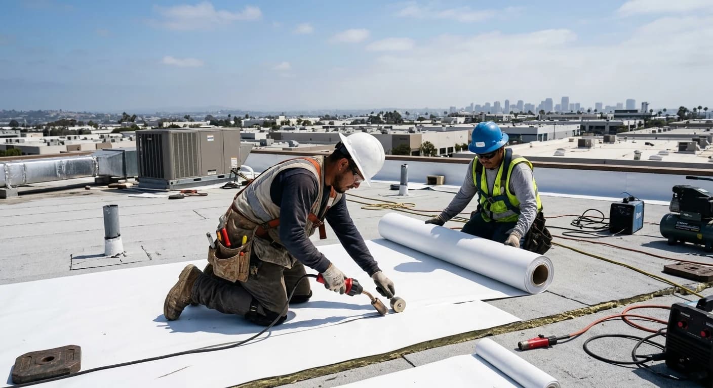 Completed white TPO flat roof installation on San Diego commercial property