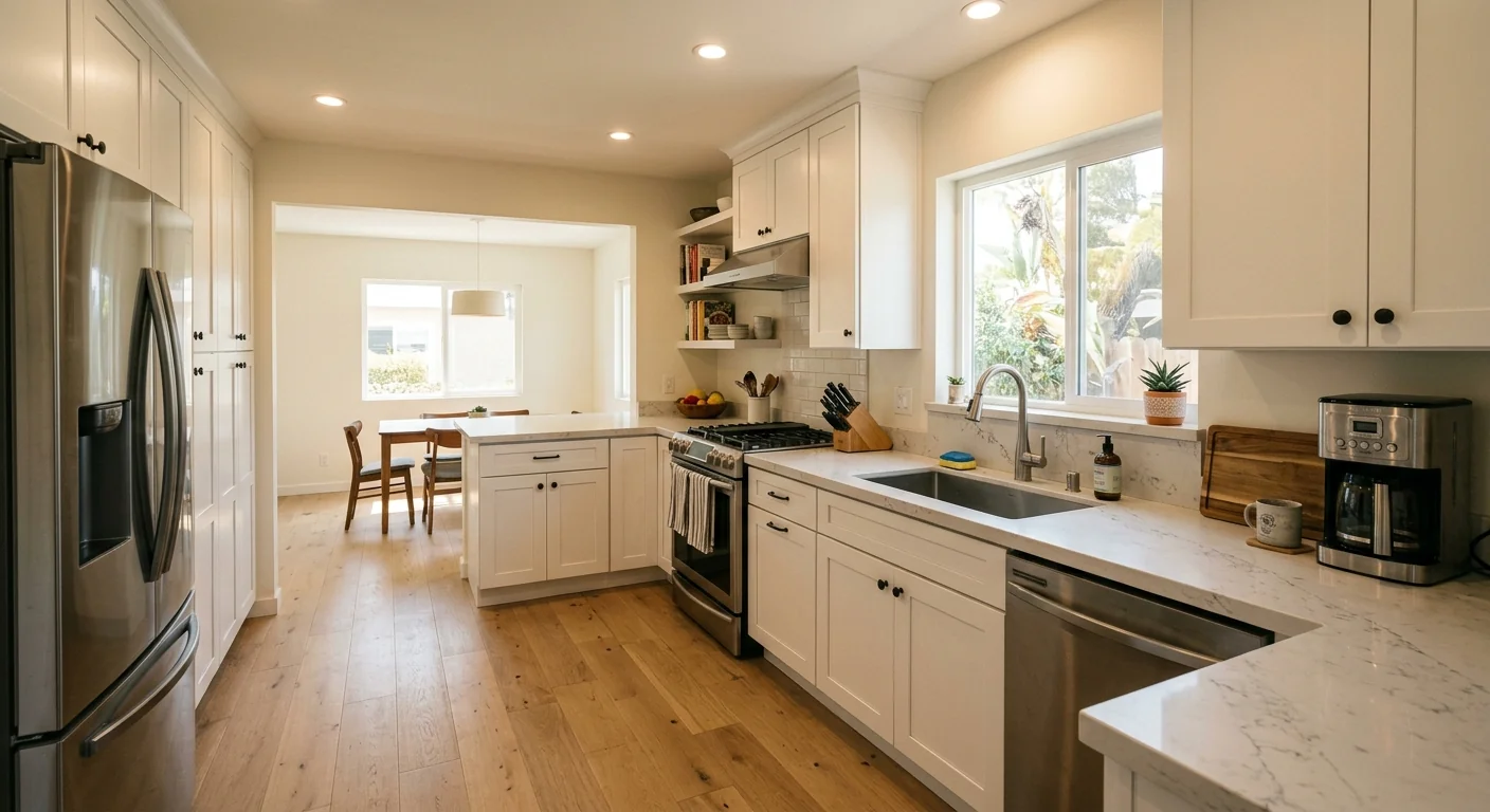 Completed kitchen remodel in San Diego with white shaker cabinets and quartz