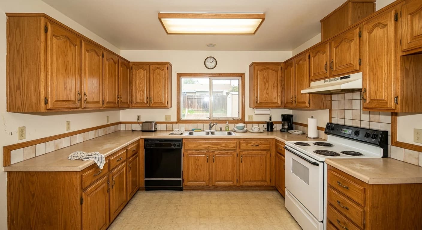 Dated San Diego kitchen before remodel, oak cabinets and laminate