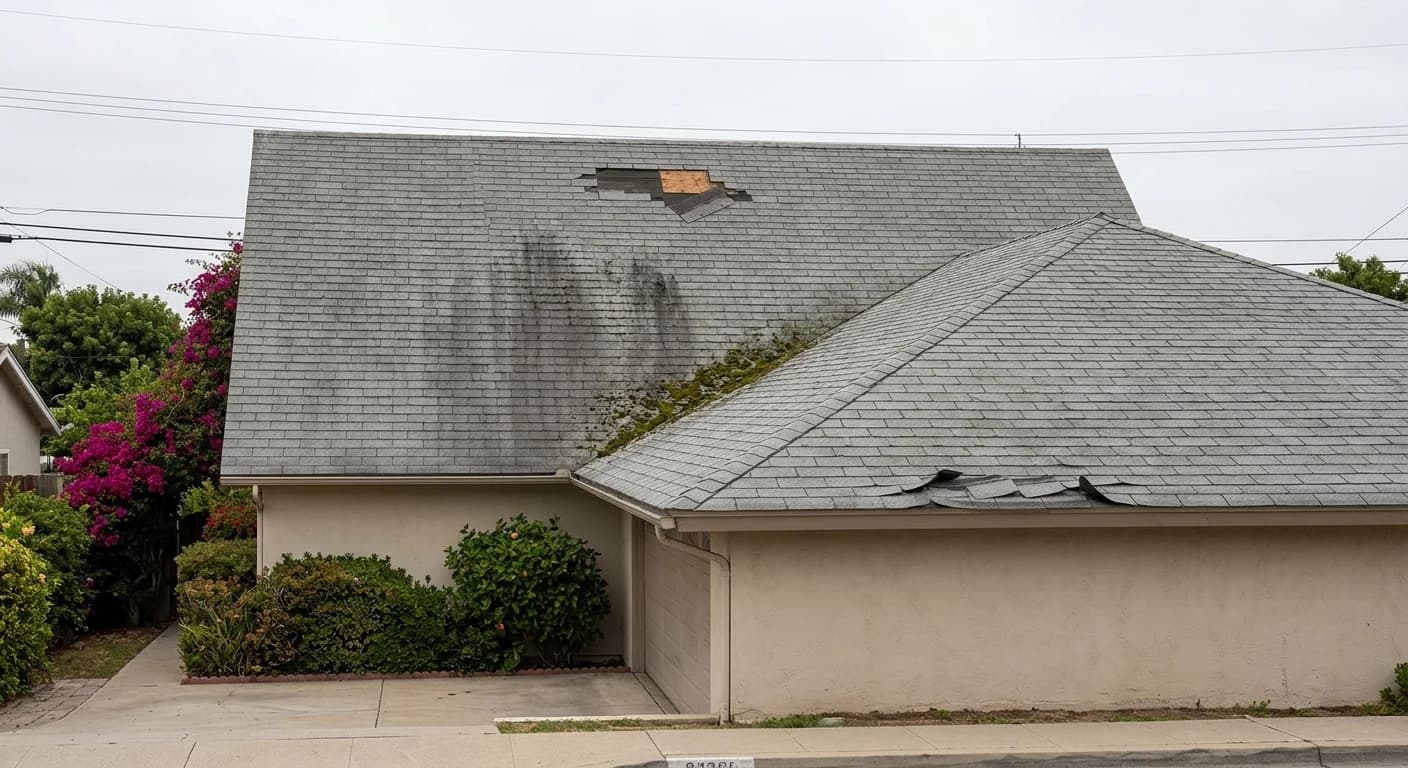 Roof with damaged shingles found during San Diego inspection