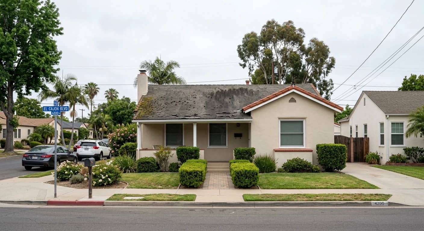 Worn asphalt shingle roof before replacement in San Diego